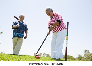 Senior Couple Playing Croquet, Outdoors