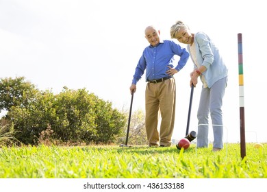 Senior Couple Playing Croquet In Park