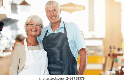 Senior, couple and portrait in cafe business with smile, embrace and ready for hospitality service. People, barista and coffee shop owner or support in bakery with hug, confidence and store manager - Powered by Shutterstock