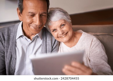 Senior, couple and portrait with tablet on sofa for online bingo, crossword puzzle and internet games with smile. Elderly, man and woman with face and happiness with technology for web news in home - Powered by Shutterstock