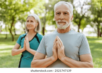 Senior couple practices yoga in the park, enjoying a sunny day and fostering their relationship through shared moments of peace and tranquility - Powered by Shutterstock