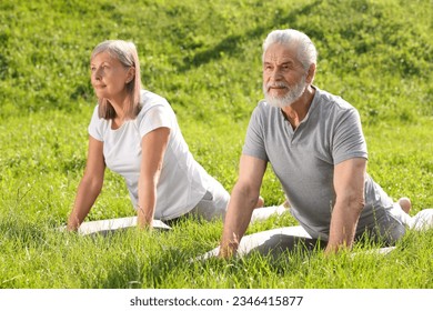 Senior couple practicing yoga on green grass outdoors - Powered by Shutterstock