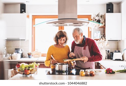 Senior couple preparing food in the kitchen.