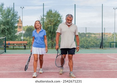 senior couple, ready for their tennis match, walks together toward the court, showing a sense of focus and camaraderie. Their steady stride reflects their commitment to an active lifestyle - Powered by Shutterstock