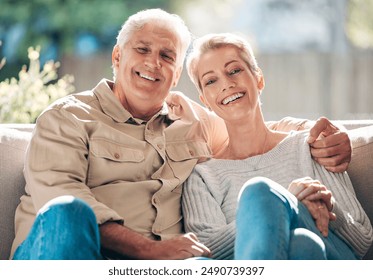 Senior, couple and relax with portrait on couch with love or support, embrace and affection with care for bonding. Mature, man and woman on porch outdoor for lounge on retirement, happy and home. - Powered by Shutterstock