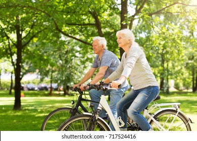 Senior Couple Riding Bikes In Park
