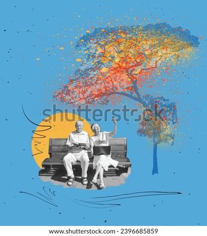Senior couple sitting together on abstract background. Retired elderly people man and woman enjoy and fun outdoor activity - lifestyle, travel, nature and autumn concept.