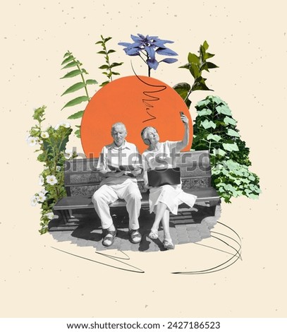 Senior couple sitting together on abstract background. Retired elderly people man and woman enjoy and fun outdoor activity - lifestyle, travel, nature and summer concept.