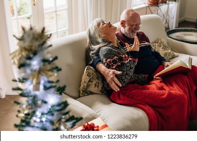 Senior couple spending happy time at home reading a book together with a decorated christmas tree in the foreground. Senior woman sitting with her husband and laughing while reading a book. - Powered by Shutterstock