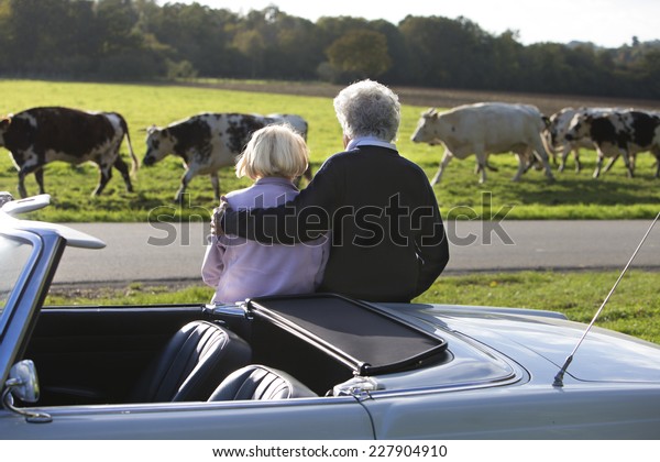 Senior couple\
in sports car enjoying day\
outside