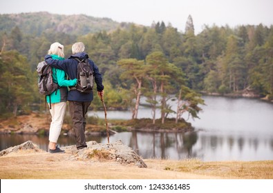 Senior couple standing embracing and admiring the view of a lake, back view - Powered by Shutterstock