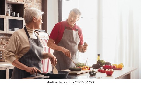 A senior couple stands in a modern kitchen, both wearing aprons. They smile at each other, seemingly enjoying their time together. - Powered by Shutterstock