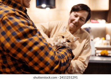 Senior couple stroking a cat as a pet for companionship and against loneliness - Powered by Shutterstock