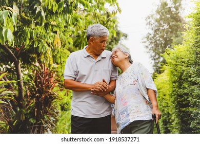 Senior couple, a strong relationship, lasting forever : Elderly couple walking in the shady front garden, dressed comfortably. Walking hand in hand and happy together


