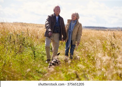 Senior Couple Taking Dog For Walk In Countryside