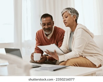 Senior couple, tax documents and home with planning, budget or audit for wealth, compliance or investment. Mature man, woman and paperwork with laptop, financial strategy and thinking for retirement - Powered by Shutterstock