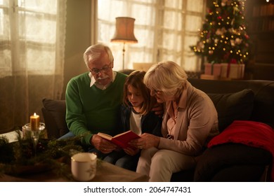 Senior couple and their grandson sitting on sofa in the living room and reading book during Christmastime
