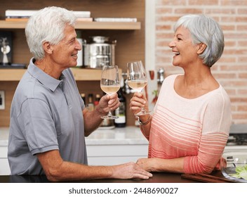 Senior couple, toast and love in kitchen with wine for retirement, celebration and wellness in apartment. Old man, woman and vacation for happiness, commitment and gratitude in house for holiday. - Powered by Shutterstock