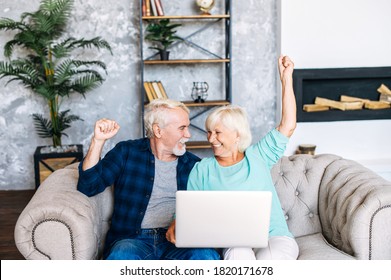 Senior Couple Is Using Laptop For Watching Sports Match Or Online Lottery Together Sitting On Comfortable Sofa In Cozy Living Room. Cheerful Older Spouses Holding Hands Up In Victory Gesture, Triumph