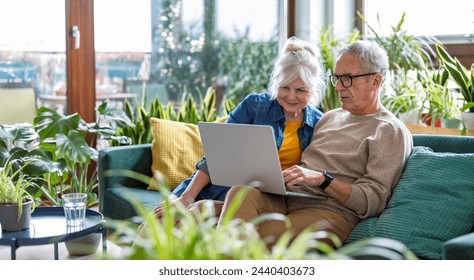 Senior couple using laptop while sitting on sofa in living room at home
