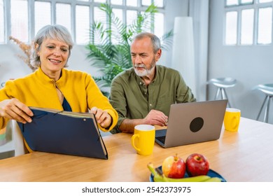 Senior couple using laptop while planning their home budget together at home