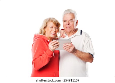 Senior Couple Using Tablet. Isolated On White Background. Quality Of Life