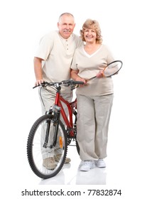 Senior Couple With Velo . Over White Background