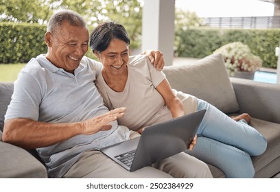 Senior couple, video call and laptop on home patio with greeting, internet and wave for online talk. Hug, relax and happy people together with website and digital communication with care and hello - Powered by Shutterstock