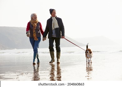 Senior Couple Walking Along Winter Beach With Pet Dog