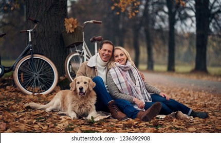 Senior couple walking in park in autumn. Attractive woman and handsome man spending time together with dog golden retriever and bicycles - Powered by Shutterstock