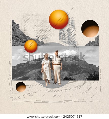 Senior couple walking together on abstract background. Retired elderly people man and woman enjoy and fun outdoor activity - lifestyle, travel, nature, hiking and summer vacation concept.