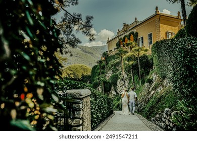 Senior couple wedding photography with a Villa's Facade in the background, - Powered by Shutterstock