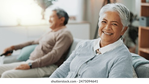 Senior, couple and woman on sofa portrait together, elderly apartment and care with married people for love. Relationship, commitment and pensioners in retirement relax on couch with man for bonding - Powered by Shutterstock