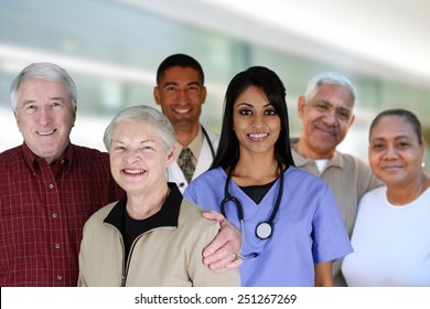 Senior couples with their medical workers in a hospital