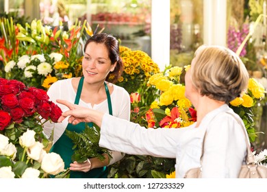 Senior Customer Buying Red Roses Flower Shop Florist Women Working