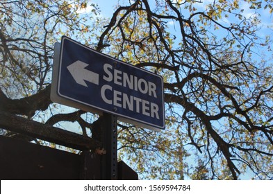 Senior Day Care Center To The Left Sign With A Tree In The Background