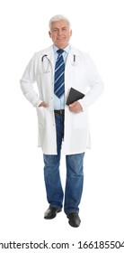 Senior Doctor With Clipboard On White Background