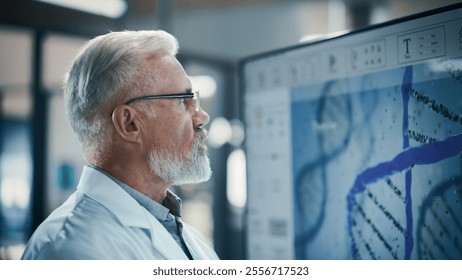 Senior Doctor in Glasses Examining a Scientific Experiment Report on a Big Screen. PhD Professor Looking at the Screen, Analyzing Provided Data and Technical Information. Biochemistry Concept - Powered by Shutterstock - Get 15% off with code: PIKWIZARD15