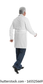 Senior Doctor Walking On White Background, Back View