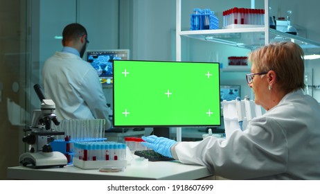 Senior Doctor Working At Computer With Green Screen In Modern Equipped Lab Late At Night. Team Of Microbiologists Doing Vaccine Research Writing On Device With Chroma Key, Isolated, Mockup Display.