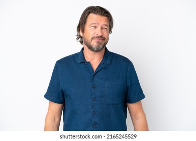 Senior dutch man isolated on white background having doubts while looking side