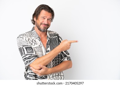 Senior dutch man isolated on white background pointing finger to the side