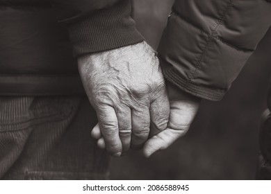 Senior Elderly Couple Holding Hands Walking Together, Black And White  