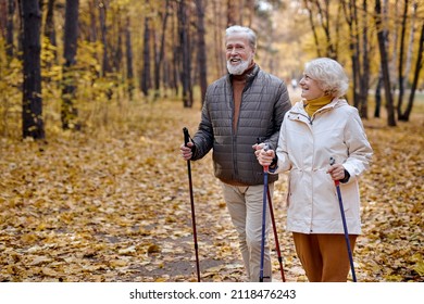 senior elderly grandmother grandfather training Nordic walking with ski trekking poles in forest. Old man woman tourists hiking with sticks in forest. Active rest outdoors of mature couple - Shutterstock ID 2118476243