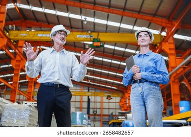 Senior engineer explaining procedures to young female staff in roofing sheet factory. Interaction shows teamwork and knowledge sharing in industrial environment.