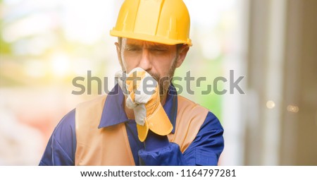 Senior engineer man, construction worker sick and coughing, suffering asthma or bronchitis, medicine concept