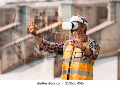 Senior Engineer Wearing AR Goggle And Browsing Work Area Thought The Virtual Reallity. Technology Virtual Reallity For Industrial Work Space. Smart Wearables