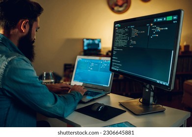 A senior IT expert is typing code and working on software development from his home office late at night. A full-stack developer is programming from his apartment at night.