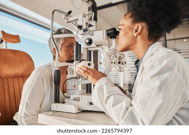 Senior eye exam, glaucoma specialist and medical eyes test of elderly woman at doctor consultation. Vision, healthcare focus and old female patient with consulting wellness expert for lens check - Powered by Shutterstock