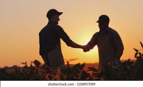 Senior farmer shakes hands with a young colleague. Smile, positive emotions